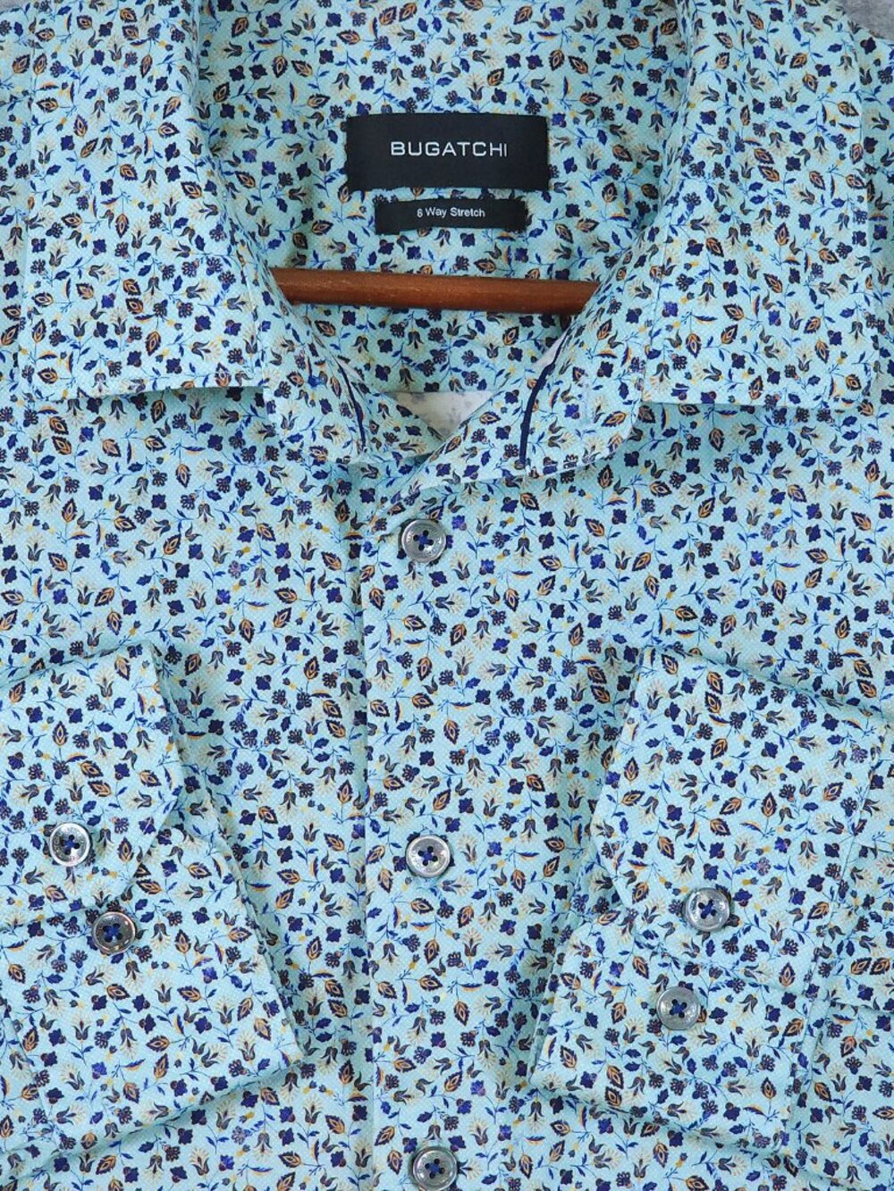 Bugatchi Mens Shirt XXL Mint Blue All Over Floral 8 Way Stretch Cotton Blend